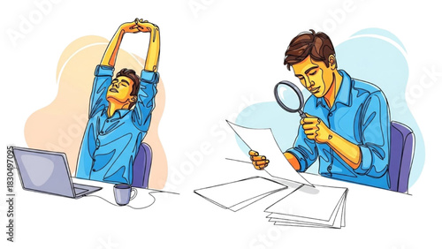 Colorful Continuous Line Art of Office Workers Stretching and Reviewing Documents – Modern Black Outline Illustration