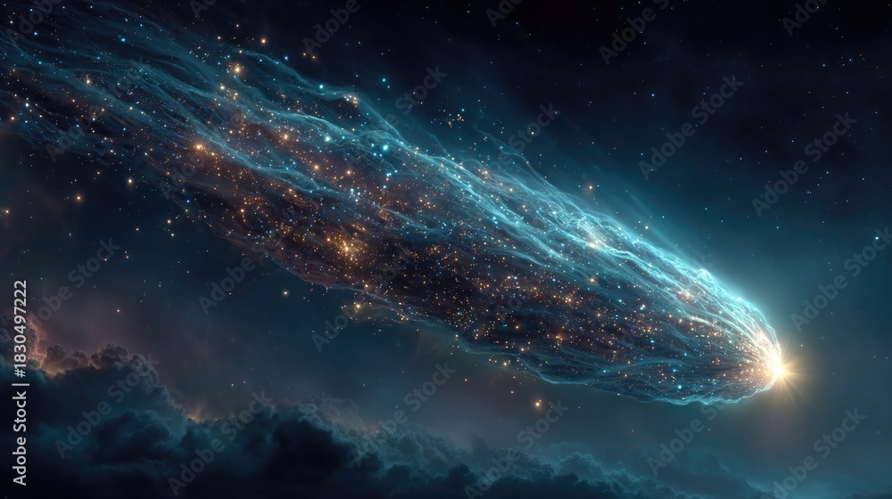 Fototapeta premium Neon comet illustration glowing with electric tails, vibrant space object in glowing neon art style flying through cosmic background