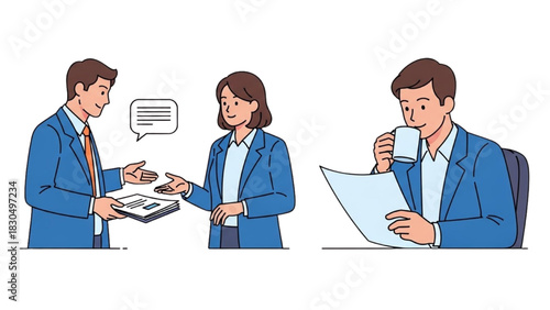 Office Teamwork Illustration – Business Collaboration, Document Sharing, Modern Workplace Scene