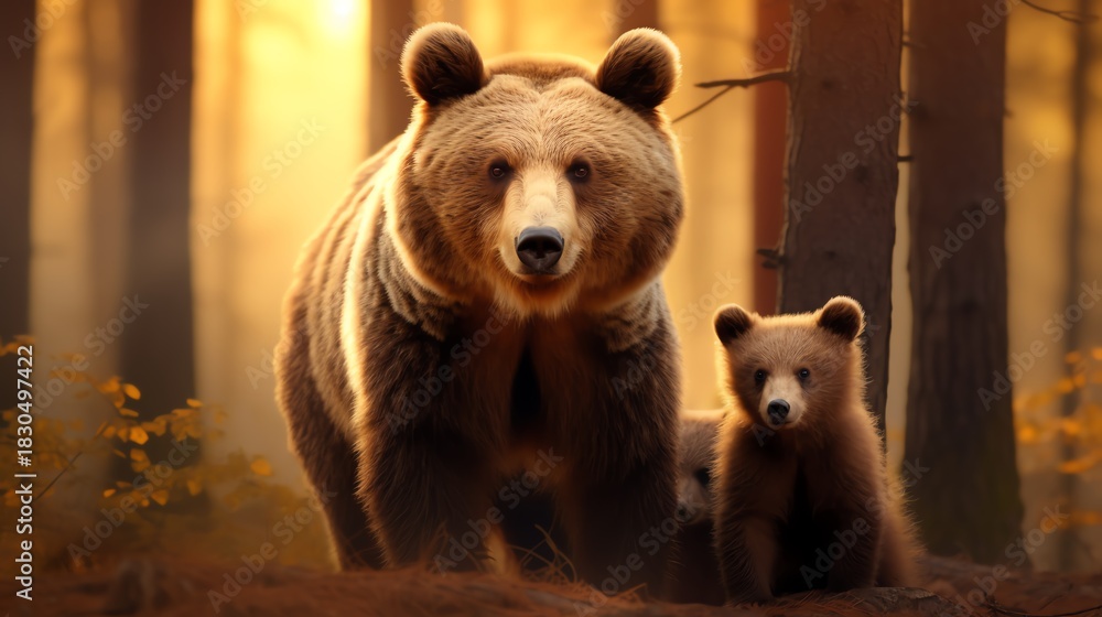 Fototapeta premium A mother bear and her cub in a forest setting.