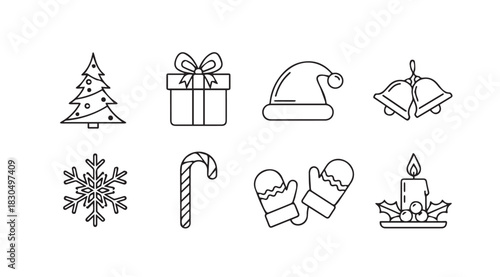 Collection of christmas icons including tree gift hat bells snowflake candy cane mittens and candle silhouette