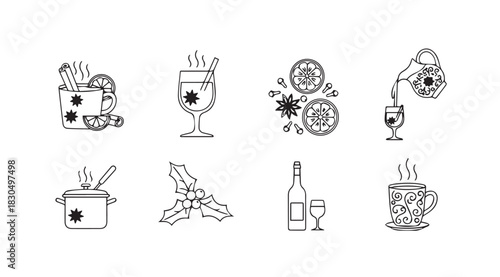 Collection of hand drawn winter drink and holiday elements silhouette