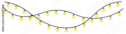Illustration of two strands of yellow string lights hanging in a wavy pattern on a white background , glowing holiday lights garland bulbs, twinkling fairy lights glow