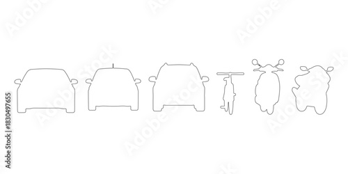 CAD Drawings.  Vehicle set outline. Front view. Sedan car, compact car, pickup truck, bicycle, scooter, motorcycle isolated on white background. Vector illustration.
