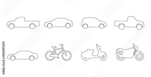 CAD Drawings.  Vehicle set outline. sedan car, compact car, pickup truck, bicycle, scooter, motorcycle isolated on white background. Vector illustration.