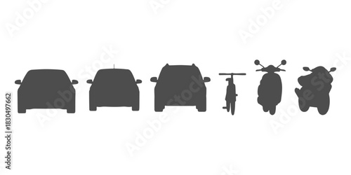 CAD Drawings.  Vehicle set silhouette. Front view. Sedan car, compact car, pickup truck, bicycle, scooter, motorcycle isolated on white background. Vector illustration.