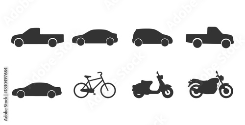 CAD Drawings.  Vehicle set silhouette. sedan car, compact car, pickup truck, bicycle, scooter, motorcycle isolated on white background. Vector illustration.
