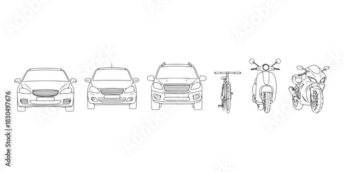 CAD Drawings.  Vehicle set. Front view. Sedan car, compact car, pickup truck, bicycle, scooter, motorcycle isolated on white background. Vector illustration.