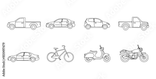CAD Drawings.  Vehicle set . sedan car, compact car, pickup truck, bicycle, scooter, motorcycle isolated on white background. Vector illustration.