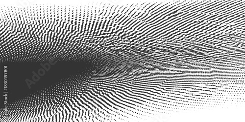 Black and white abstract pattern of wavy lines and dots receding into darkness vector