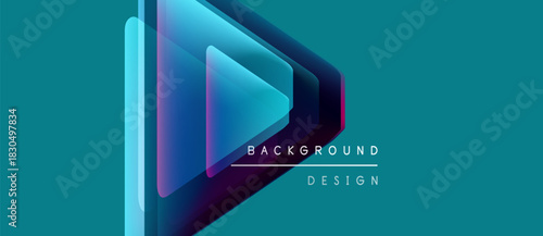 Abstract geometric shapes overlap, creating vibrant gradient effect. Teal background complements design elements. Text reads background design.