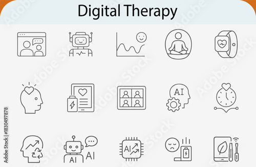 Digital therapy line icons set, ai mental health support vector