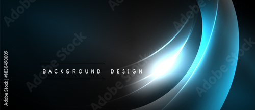 Dark abstract background. Blue glowing lines create dynamic, modern visual effect. Minimalist design with text elements present.