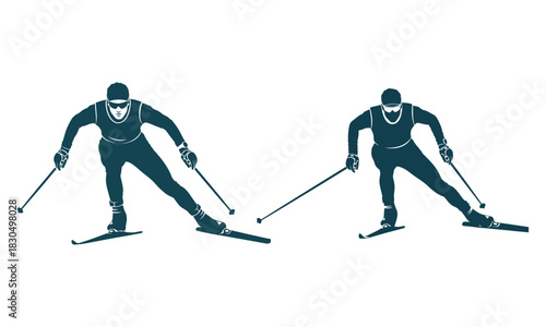 Two cross country skiers in motion captured in a striking dark teal silhouette against a clean white background