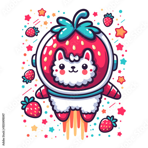 A cute, fluffy llama travels through space in a Krubnik-style astronaut suit. Bright illustration on a white background.