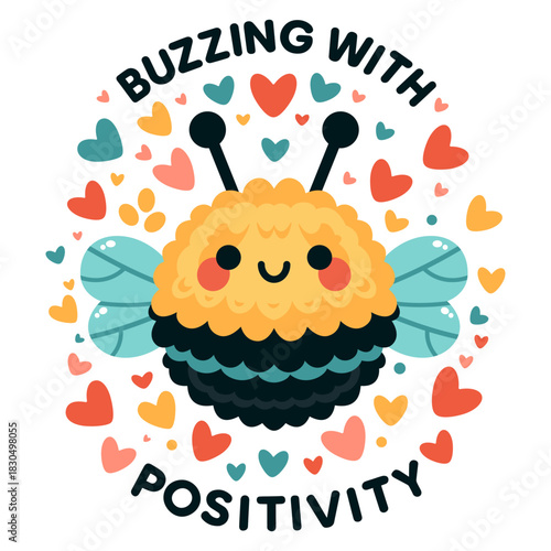 A cute cartoon bee with wings flies among hearts. Bright vector illustration.