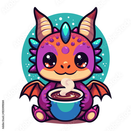 A cute dragon sits holding a coffee mug. Isolated on a white background for printing on paper or fabric.