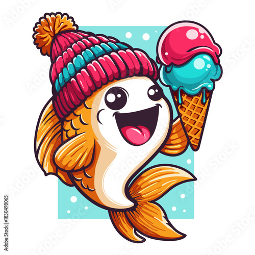 A cheerful fish in a winter hat holds an ice cream cone in a waffle cone. Bright vector illustration.