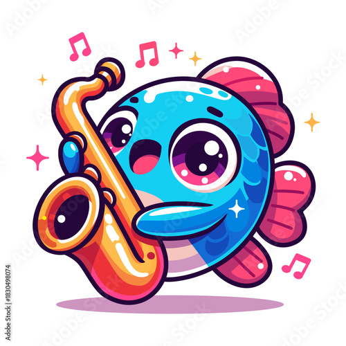 A cute little fish plays the saxophone. Bright vector illustration.