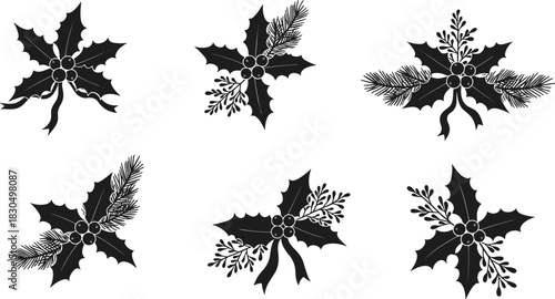 Christmas holly leaf silhouette, festive berry cluster, pine sprig decoration, holiday ribbon graphic, seasonal ornament vector, winter botanical design
