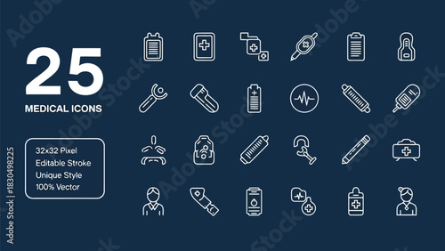 Vector illustration of medical icons set with editable stroke, unique style and 100% vector, featuring a variety of healthcare related symbols and equipment for medical use