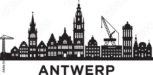 Antwerp belgium city skyline silhouette vector illustration featuring historical buildings and industrial cranes