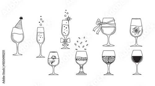 Collection of festive champagne glasses in a charming hand drawn silhouette style