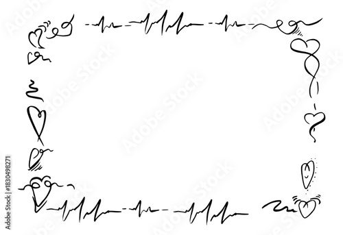 Heart flirty doodles and ECG heartbeat cardiogram lines wrapping rectangular border. Hand drawn vector frame in pen and ink. Romantic design layout, anniversary printable template, Valentine artwork.