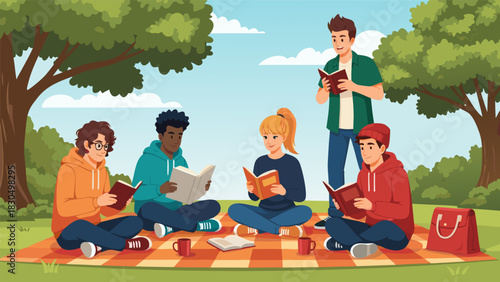 Joyful gathering of diverse friends immersed in books outdoors, sharing knowledge and camaraderie under the shade of trees