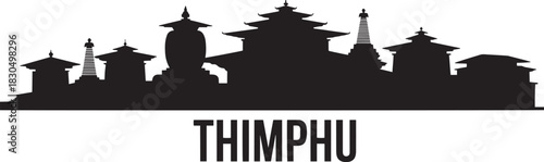 Black silhouette bhutan capital thimphu detailed vector cityscape traditional architecture skyline graphic