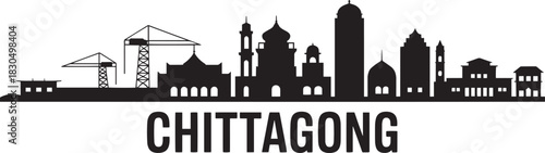 Chittagong bangladesh cityscape vector outline illustration with industrial port cranes and domes.
