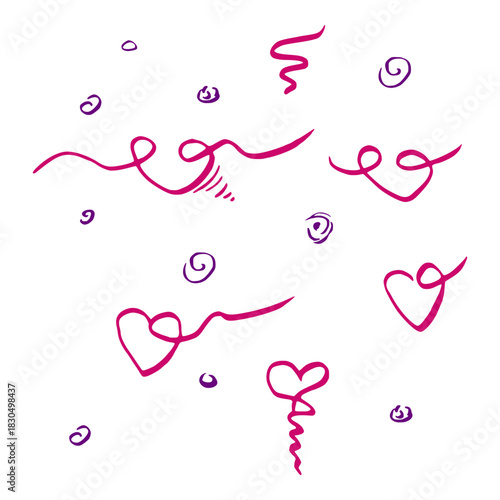 Playful flowing hearts and expressive spiral swirls. Hand drawn vector ink single elements, set of clipart illustrations. Romantic note border, DIY Valentine layout, cute poster element, icon motif.