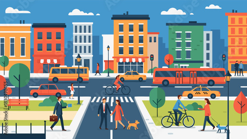 Modern flat design vector illustration of a bustling city street scene with people, cars, and architecture. Urban lifestyle and transportation concept