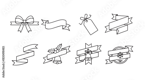 Collection of hand drawn ribbon and bow silhouettes for design and decoration