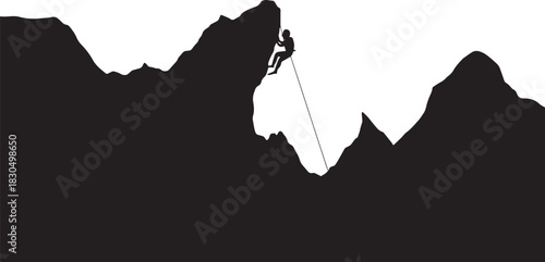 Mountaineer rappelling down steep rugged rock face adventure sport silhouette extreme exploration