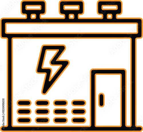 Electrical substation building with lightning bolt symbol icon