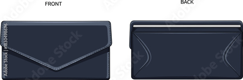Front and back view of dark wallet with flap closure, stitching detail, minimalist clutch design illustration for fashion and product catalog