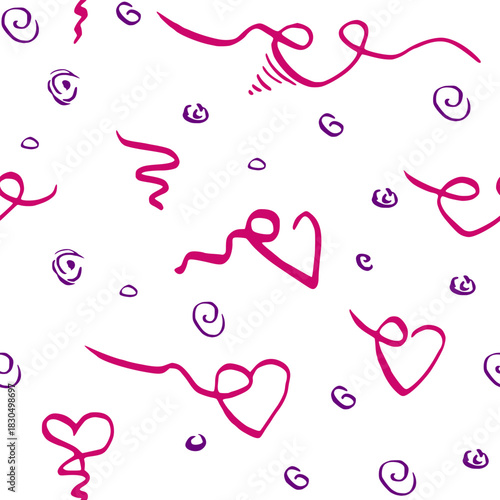 Minimal line hearts, spirals and swirls, ribbon heartbeat scattered in repeating composition. Vector seamless pattern illustration. Valentine greeting, textile surface, printable paper background.