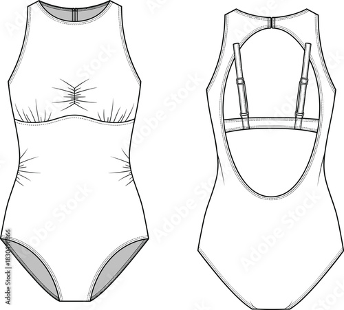 Front and back view of one-piece swimsuit with racerback straps, ruched bust detail, fashion design illustration for catalog and garment construction