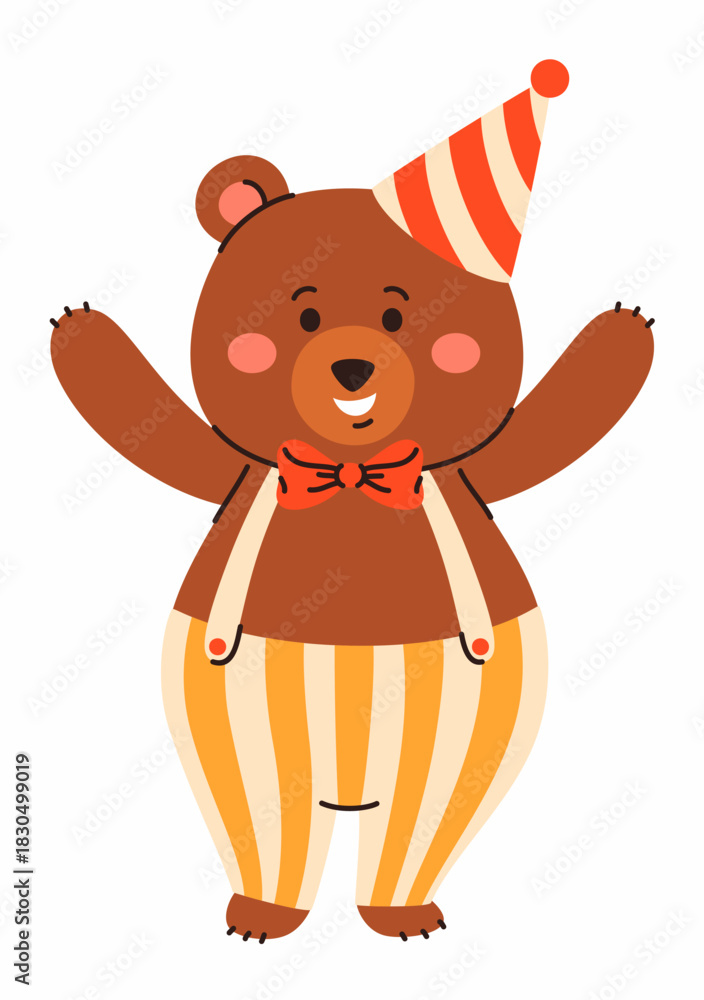 Obraz premium Teddy bear with a party hat. Birthday and holiday elements.