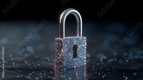 Digital padlock with glowing circuit board and bokeh lights