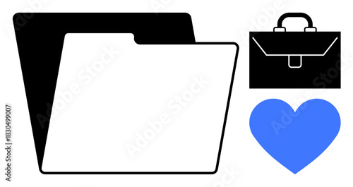 Folder and briefcase beside blue heart emphasize balance in organization, passion, and work. Ideal for business, office management, digital storage, mindfulness, career goals, personal growth simple