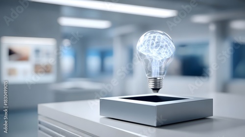 Levitating light bulb with glowing brain symbolizing innovation