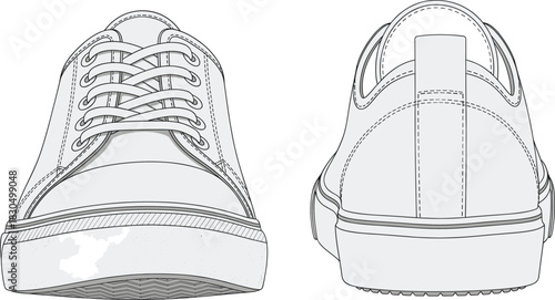 Front and rear view of sneaker with laces, pull tab, and stitching detail, technical footwear illustration for fashion and product design