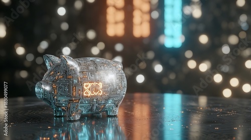 Futuristic digital piggy bank with glowing circuits
