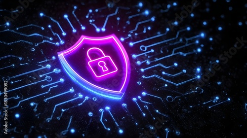 Digital security shield with neon padlock on circuit board