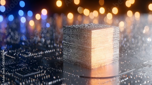Abstract glowing cube on a futuristic circuit board
