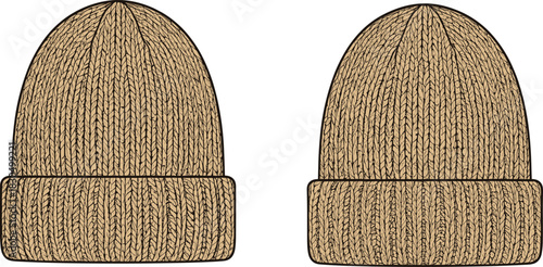 Front view of two light brown knitted beanies with ribbed texture and folded brim, winter fashion accessory illustration for catalog use