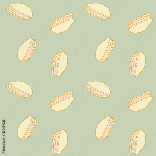 Pistachio nuts pattern soft pastel colors, healthy food nuts and seeds, hand drawn gold nuts, doodle. Packaging, wallpaper, wrapper, backdrop.