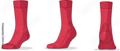 Front, side, and back view of red socks with knit texture detail, fashion accessory illustration for product design and catalog use